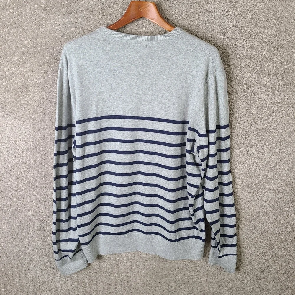 Gap Sweater Mens Large Gray Blue Striped V-Neck 100% Cotton Long Sleeve Pullover